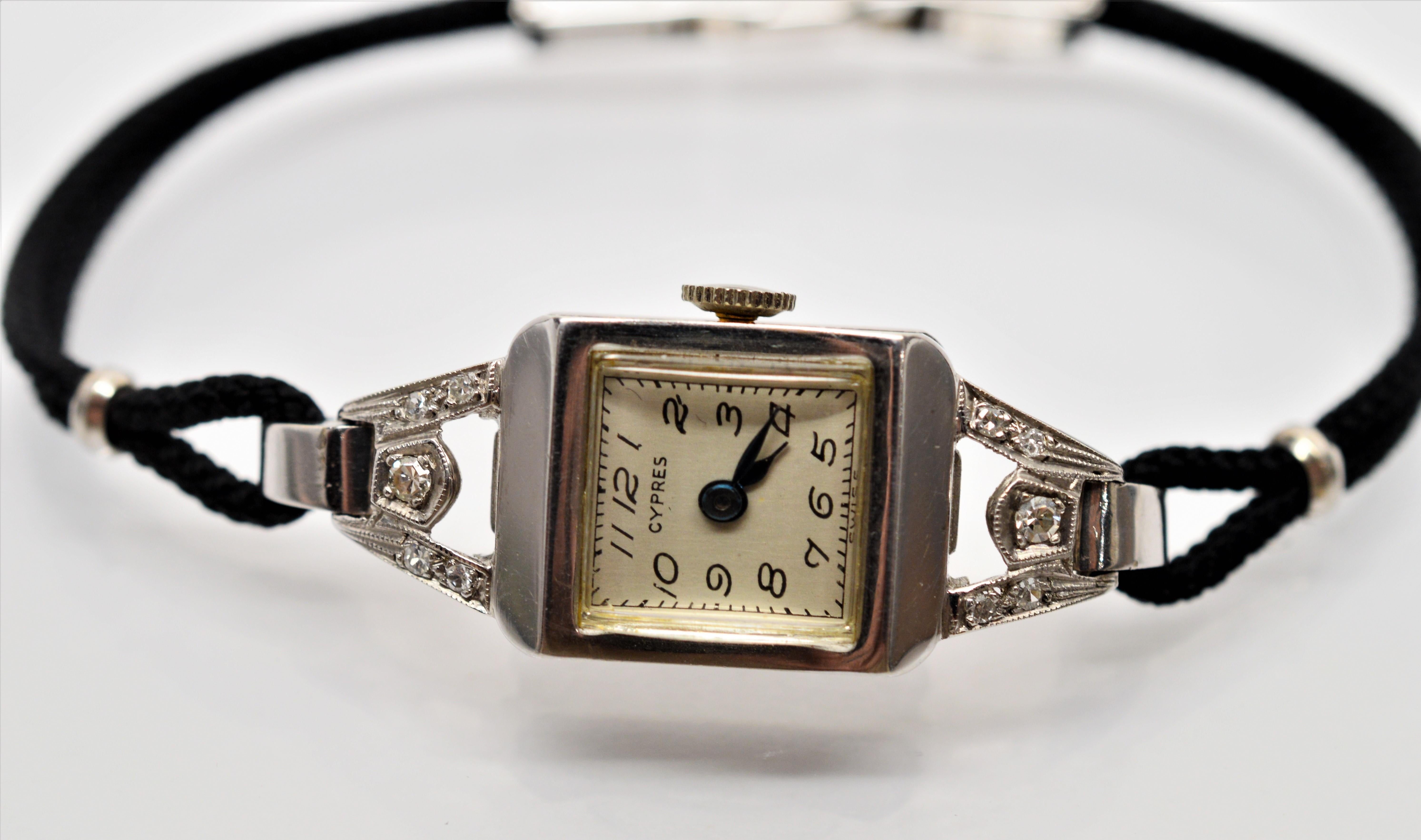 White Gold Diamond Vintage Cypress Ladies Wristwatch In Good Condition In Mount Kisco, NY