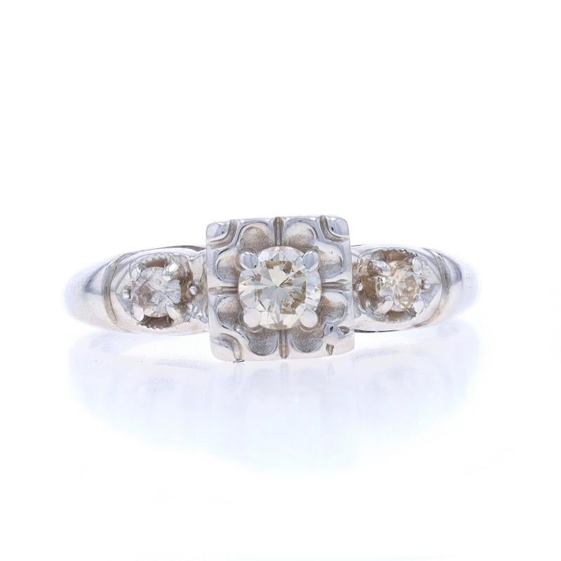 Size: 5 3/4
Sizing Fee: Up 2 sizes for $35 or Down 1/2 a size for $35

Era: Vintage

Metal Content: 14k White Gold

Stone Information

Natural Diamonds
Carat(s): .28ctw
Cut: Round Brilliant
Color: Champagne
Clarity: SI1 - SI2

Total Carats: