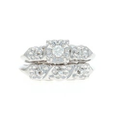 White Gold Diamond Vintage Engagement Ring & Wedding Band -14k Rd .10ctw Flowers