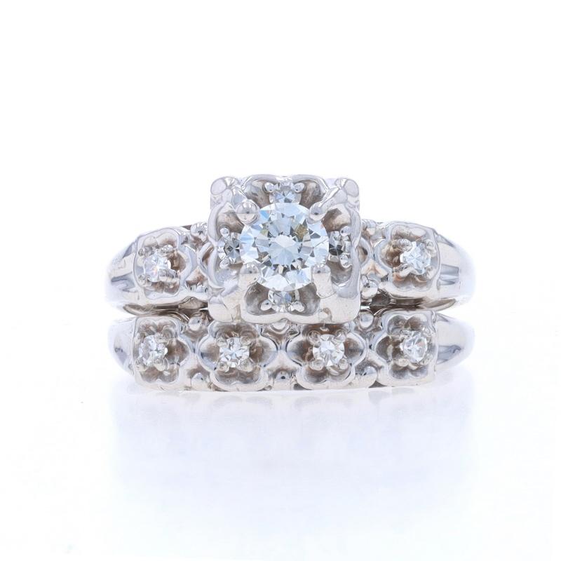 Size: 7 3/4
Sizing Fee: Up 2 1/2 sizes for $60 or Down 1 1/2 sizes for $40

Era: Vintage

Metal Content: 14k White Gold

Stone Information

Natural Diamond
Carat(s): .38ct
Cut: Round Brilliant
Color: I
Clarity: SI1
Stone Note: (solitaire)

Natural