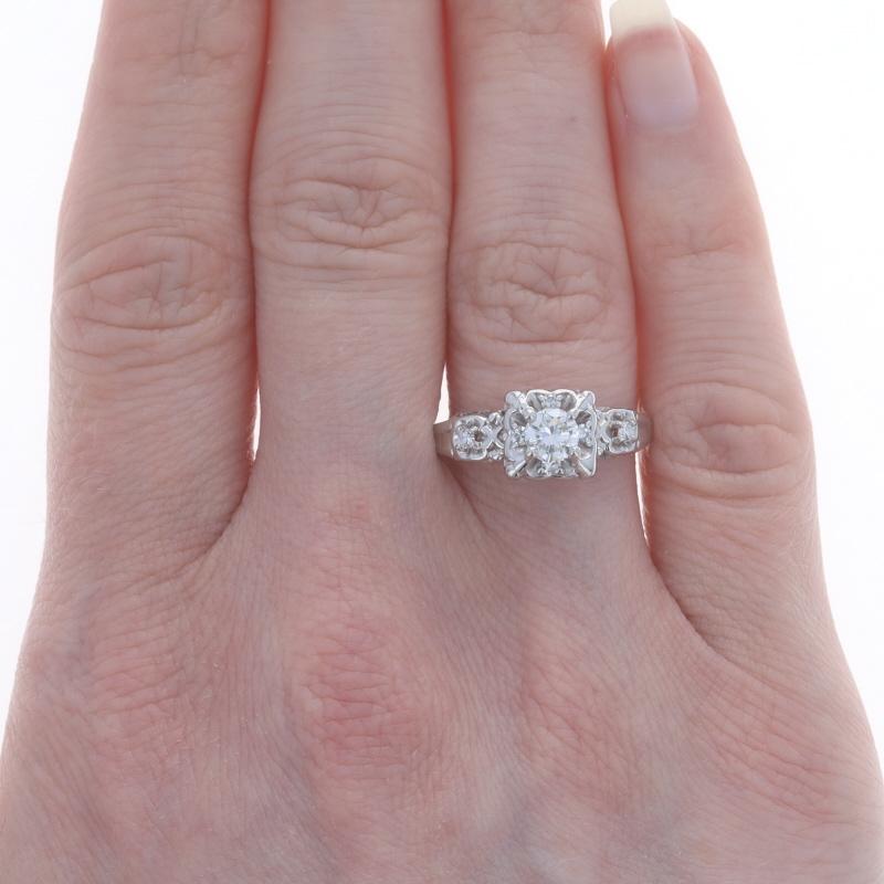 White Gold Diamond Vintage Engagement Ring & Wedding Band 14k Rnd .58ctw Floral In Good Condition For Sale In Greensboro, NC