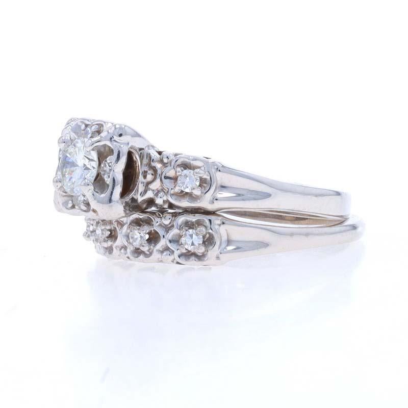 Women's White Gold Diamond Vintage Engagement Ring & Wedding Band 14k Rnd .58ctw Floral For Sale