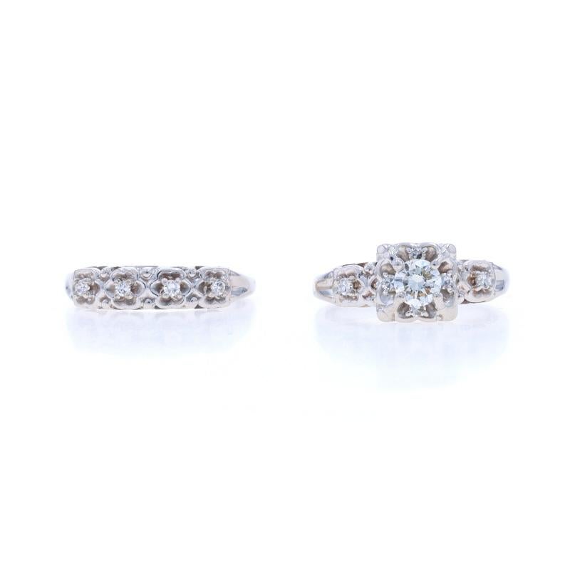 White Gold Diamond Vintage Engagement Ring & Wedding Band 14k Rnd .58ctw Floral For Sale 1