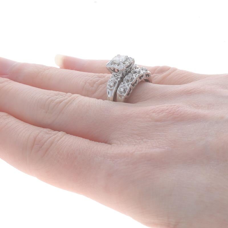 White Gold Diamond Vintage Engagement Ring & Wedding Band 14k Rnd .58ctw Floral For Sale 1