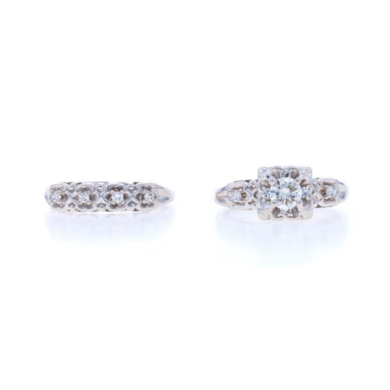 White Gold Diamond Vintage Engagement Ring & Wedding Band 14k Rnd .58ctw Floral For Sale 2