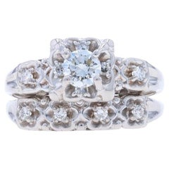 Bague de fiançailles et alliance en or blanc avec diamant Vintage 14k Rnd .58ctw Floral