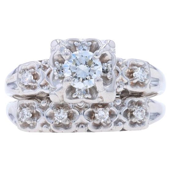 White Gold Diamond Vintage Engagement Ring & Wedding Band 14k Rnd .58ctw Floral