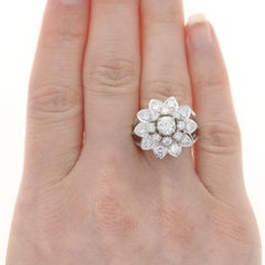 White Gold Diamond Vintage Flower Cluster Halo Cocktail Ring - 14k Round 2.55ctw