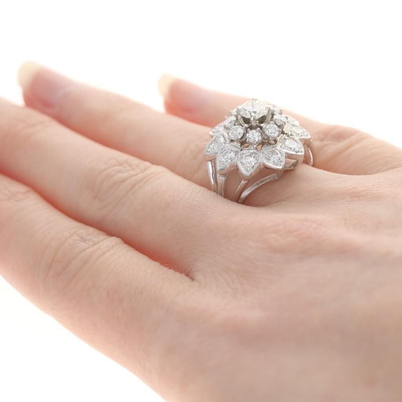 White Gold Diamond Vintage Flower Cluster Halo Cocktail Ring - 14k Round 2.55ctw In Excellent Condition For Sale In Greensboro, NC