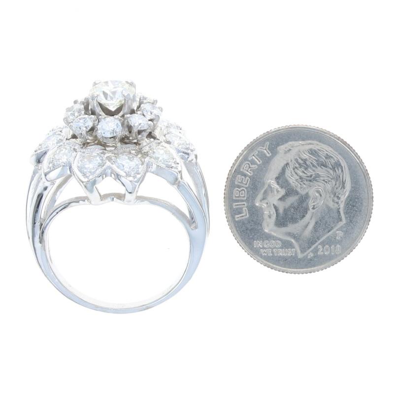 Women's White Gold Diamond Vintage Flower Cluster Halo Cocktail Ring - 14k Round 2.55ctw For Sale