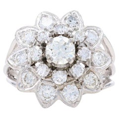 White Gold Diamond Vintage Flower Cluster Halo Cocktail Ring - 14k Round 2.55ctw