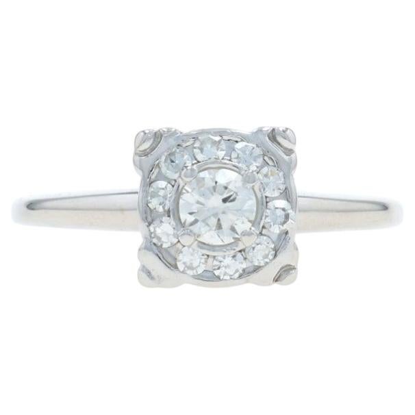 White Gold Diamond Vintage Halo Engagement Ring - 14k Round Brilliant .49ctw