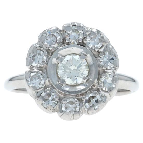 Anello aureolato con diamante vintage in oro bianco - Anello di fidanzamento floreale rotondo da .75ctw 14k