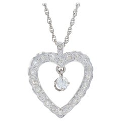 White Gold Diamond Vintage Heart Pendant Necklace, 14 Karat European .78 Carat