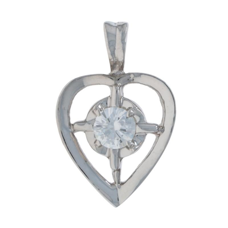 White Gold Diamond Vintage Heart Solitaire Pendant - 14k Round .22ct Love For Sale