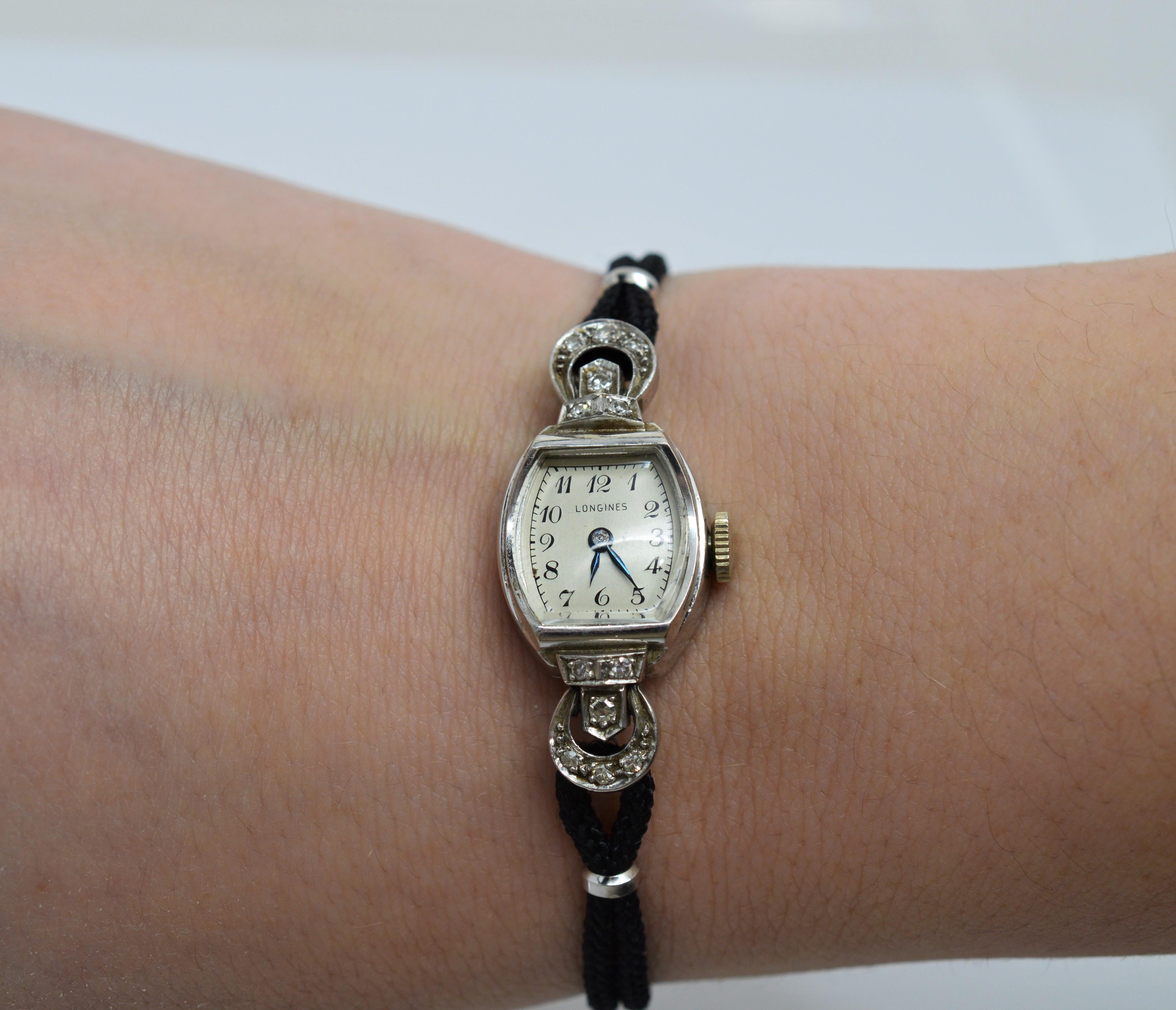 White Gold Diamond Vintage Longines Ladies Wristwatch In Good Condition In Mount Kisco, NY