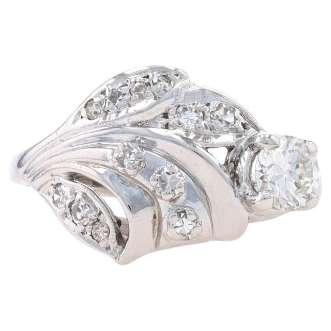 White Gold Diamond Vintage Ring -14k Round .62ctw Floral Leaf Botanical Milgrain For Sale