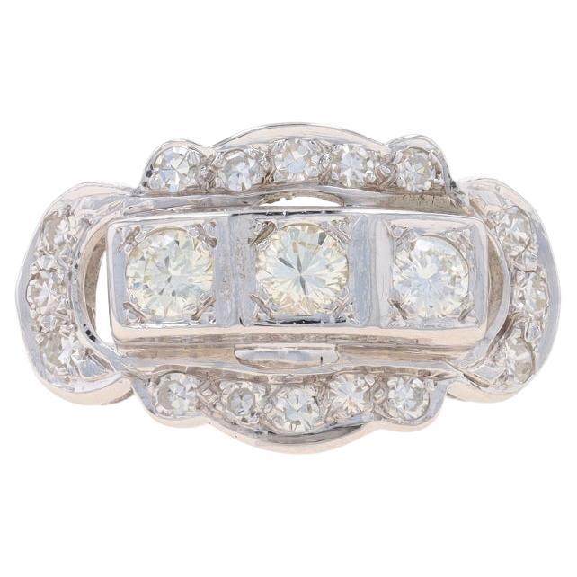 White Gold Diamond Vintage Ring - 14k Round Brilliant .94ctw Scallop Three-Stone