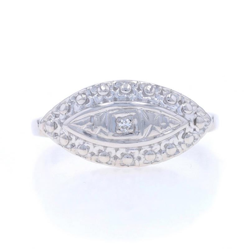 Size: 6 1/4
Sizing Fee: Up 2 sizes for $35 or Down 1 size for $35

Era: Vintage

Metal Content: 14k White Gold

Stone Information

Natural Diamond
Carat(s): .01ct
Cut: Single
Color: G
Clarity: VS2

Style: Solitaire
Features: Etched Floral