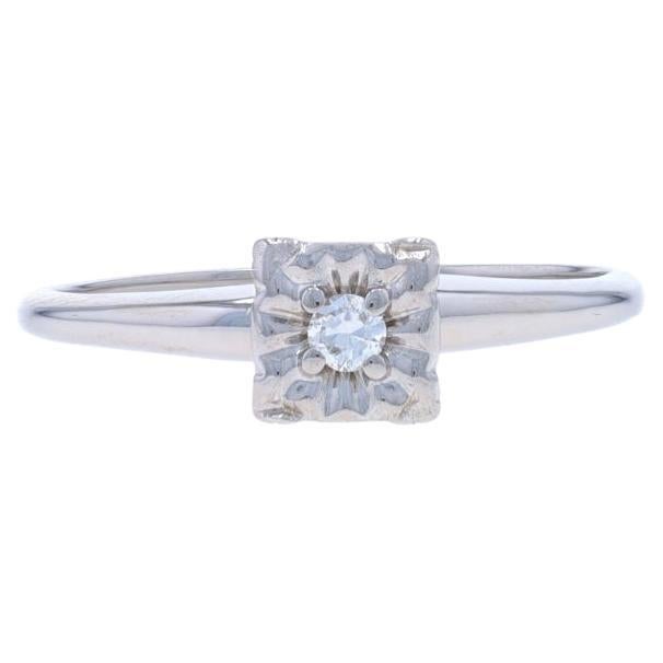 White Gold Diamond Vintage Solitaire Engagement Ring -14k Round Brilliant Floral For Sale