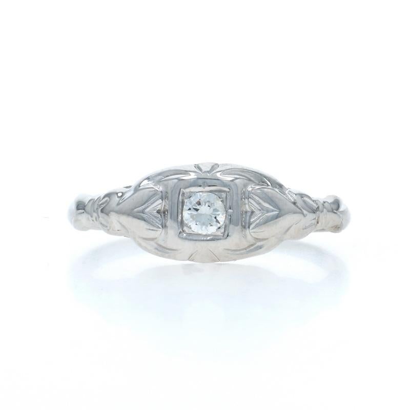 Size: 6 3/4
Sizing Fee: Up 2 sizes for $40 or Down 1 size for $30

Era: Vintage

Metal Content: 14k White Gold

Stone Information

Natural Diamond
Carat(s): .08ct
Cut: Round Brilliant
Color: H
Clarity: I1
Stone Note: chipped

Style: Solitaire
Theme: