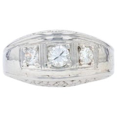White Gold Diamond Vintage Three-Stone Men's Ring, 14k Round Cut .50ctw Flowers