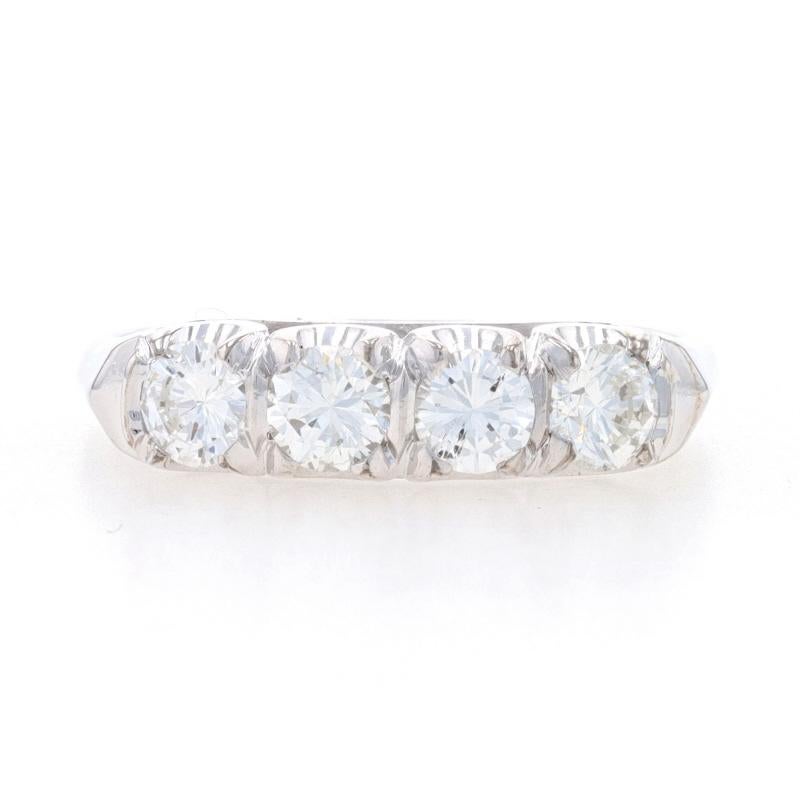 Size: 8 1/2
Sizing Fee: Down 1 or up 2 for $35

Era: Vintage

Metal Content: 14k White Gold

Stone Information
Natural Diamonds
Carat(s): 1.00ctw
Cut: Round Brilliant
Color: G - H
Clarity: SI1 - SI2

Total Carats: 1.00ctw

Style: Four-Stone Wedding