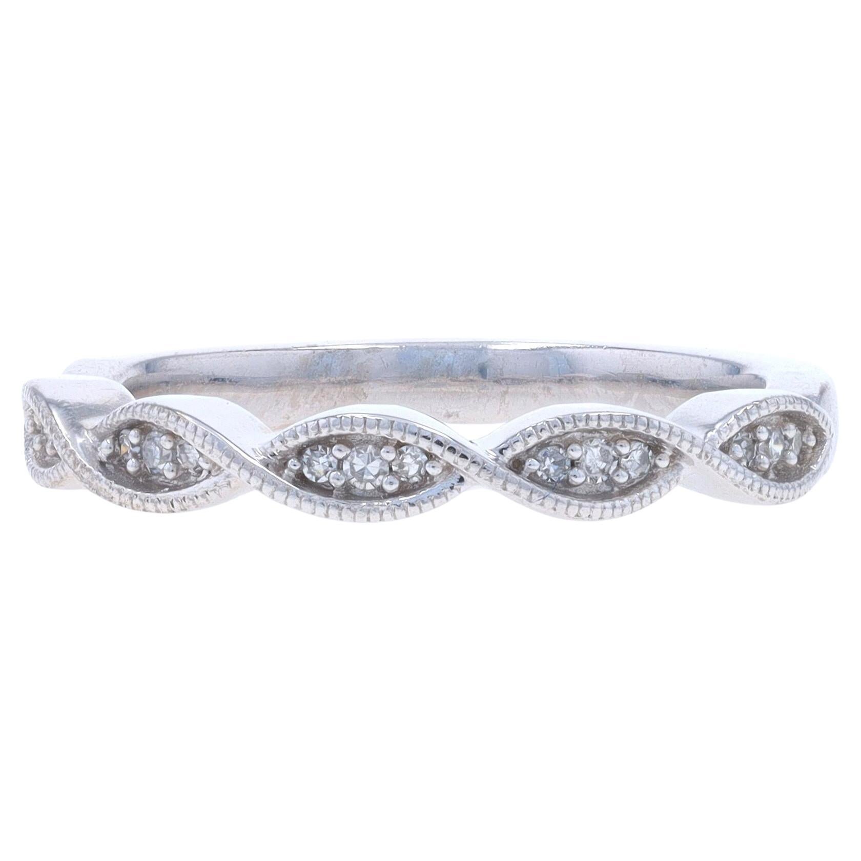 White Gold Diamond Wedding Band - 10k Single Cut .10ctw Twist Milgrain Ring