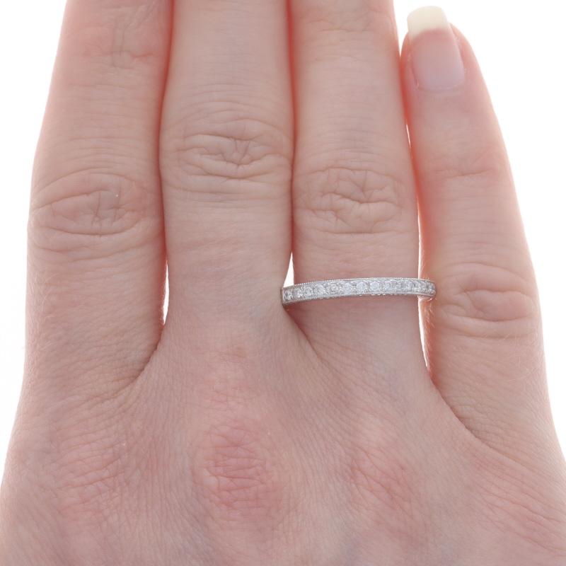Round Cut White Gold Diamond Wedding Band 14k Round Brilliant .32ctw Etched Milgrain Ring For Sale