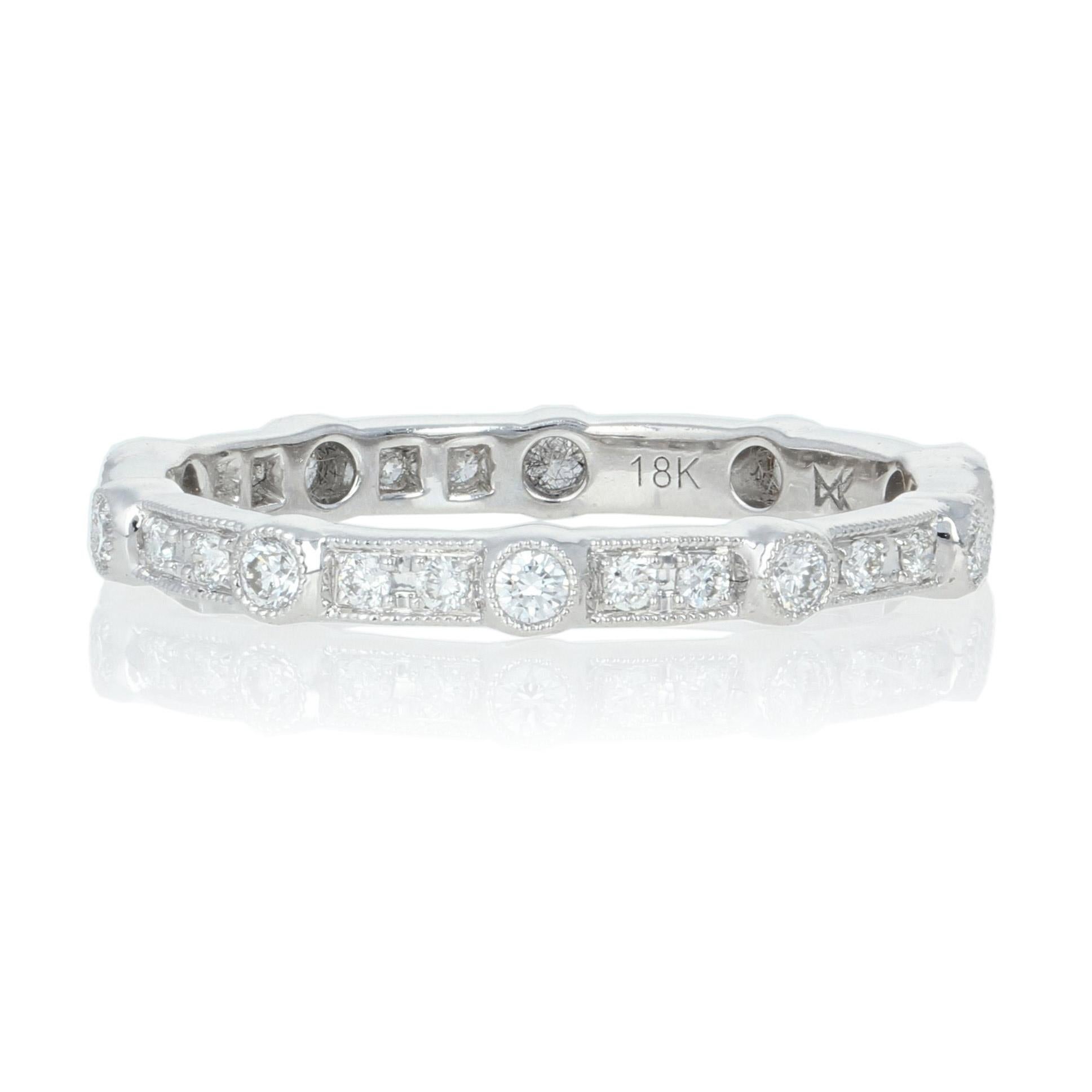 Size: 6 1/2

Brand: Beverly K.

Metal Content: Guaranteed 18k Gold as stamped

Stone Information: 
Natural Diamonds  
Clarity: VS1 - VS2 
Color: F
Cut: Round Brilliant
Total Carats: 0.34ctw

Style: Eternity Wedding Band with Diamonds
Face Height