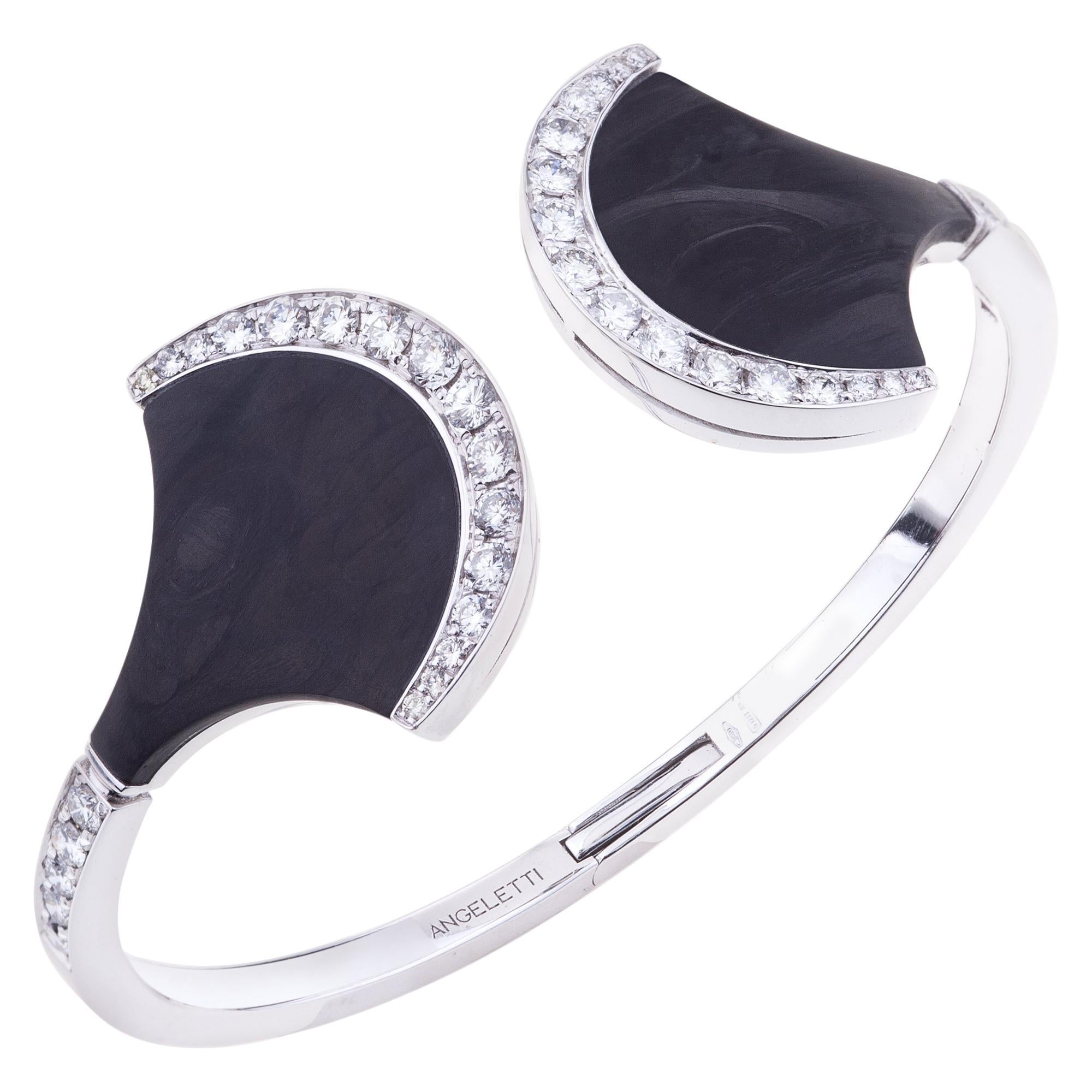 White Gold Diamonds and Black Carbon Fiber Bangle Bracelet For Sale