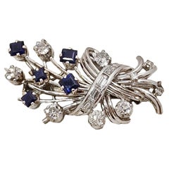 Vintage White Gold, Diamonds and Blue Sapphires Bouquet Brooch