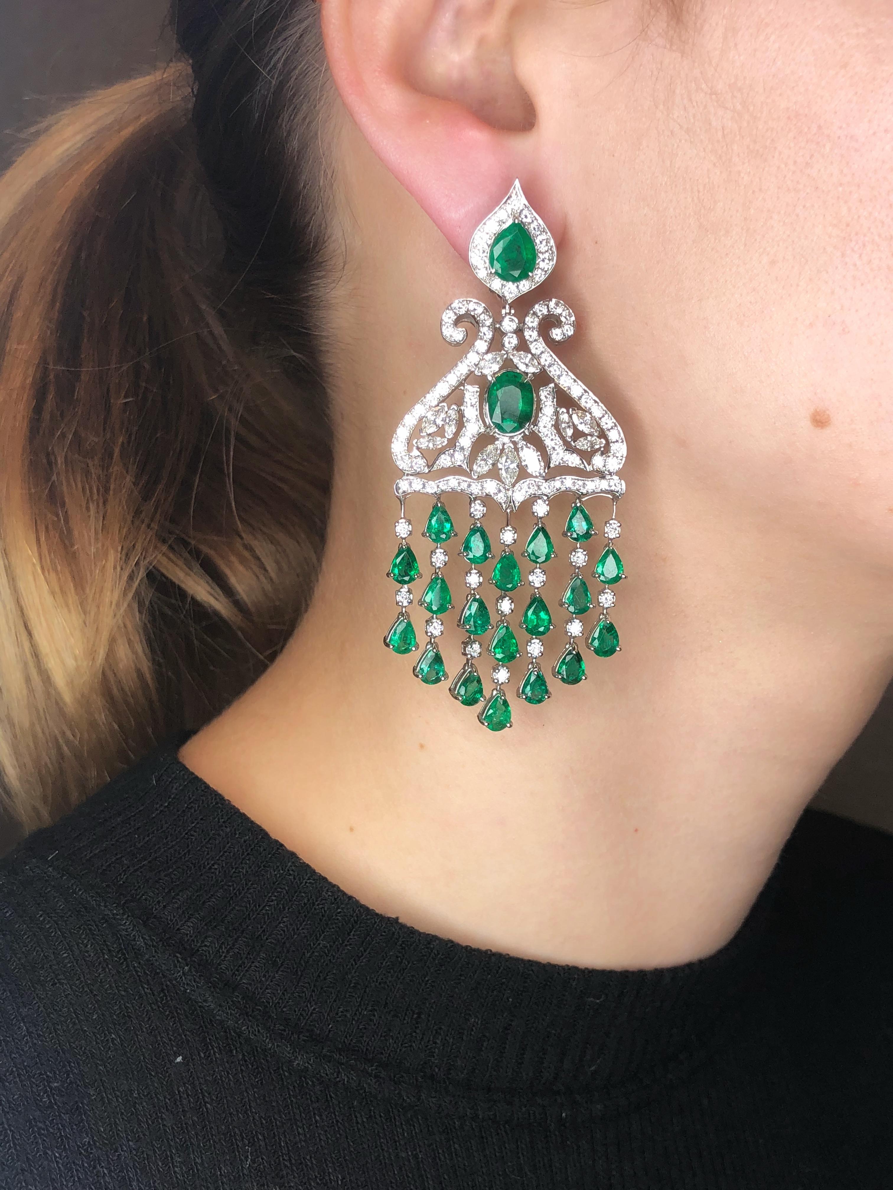 Marquise Cut White Gold, Diamonds and Emerald Chandelier Earrings For Sale
