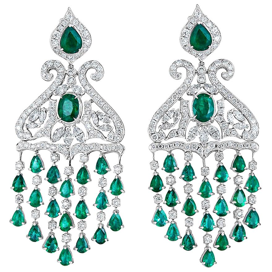 White Gold, Diamonds and Emerald Chandelier Earrings For Sale
