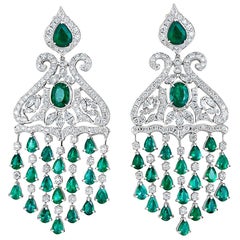 White Gold, Diamonds and Emerald Chandelier Earrings