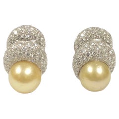 White Gold Diamonds and Golden South Sea Pearl Statement Earrings