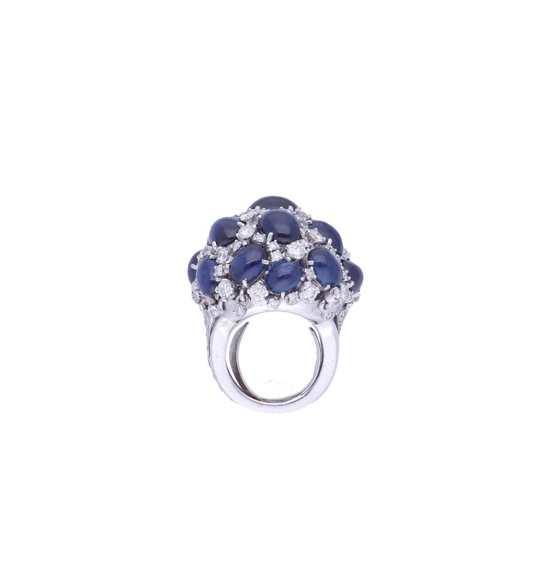 Round Cut One of a Kind 18 Kt. White Gold Diamonds Blue Cabochon Sapphires Cocktail Ring For Sale