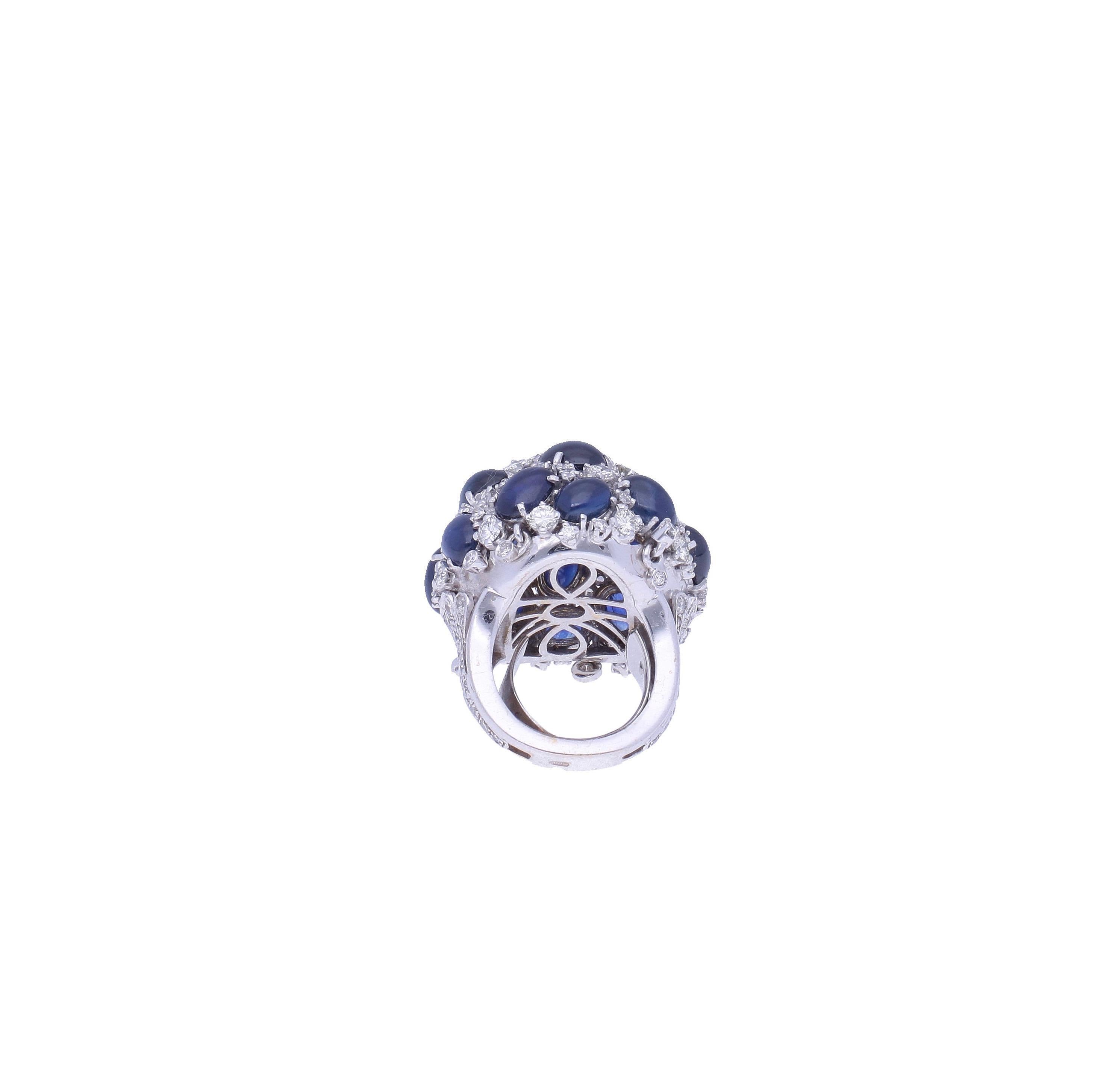 Women's One of a Kind 18 Kt. White Gold Diamonds Blue Cabochon Sapphires Cocktail Ring For Sale