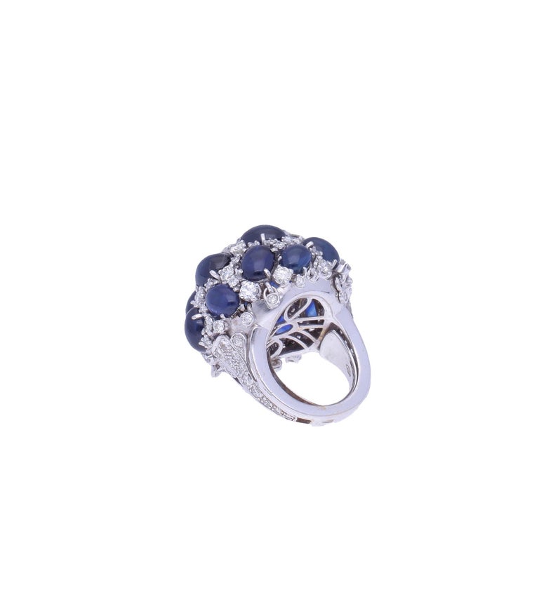 One of a Kind 18 Kt. White Gold Diamonds Blue Cabochon Sapphires Cocktail Ring For Sale 2