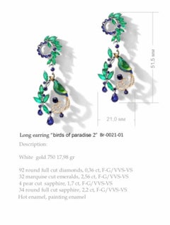 White Gold Diamonds Emeralds Sapphire Long earring "Birds of Paradise 2"