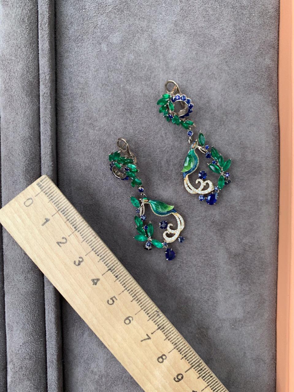 Contemporary White Gold Diamonds Emeralds Sapphire Long earring 