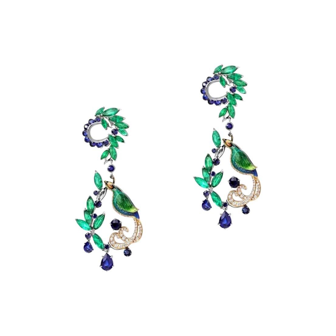White Gold Diamonds Emeralds Sapphire Long earring "Birds of Paradise 2" For Sale