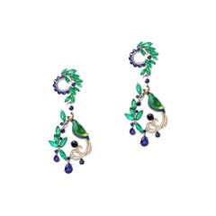 White Gold Diamonds Emeralds Sapphire Long earring "Birds of Paradise 2"