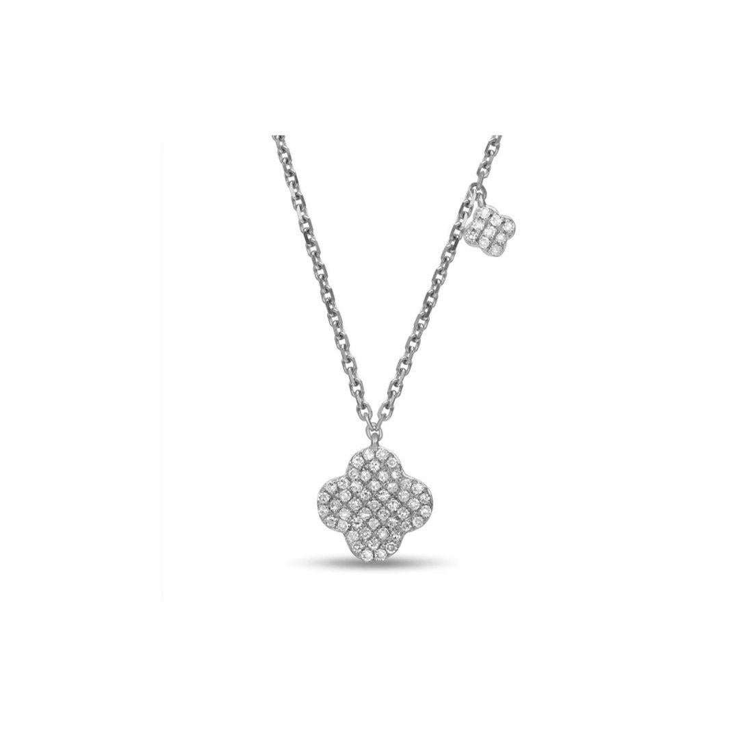 
Elegant flower pendant in 14k white gold. Perfect for casual wear and a night out. Pendant contains fifty eight round white diamonds, H-I color, SI clarity, 0.18 ctw. Adjustable length 16-18 inches.