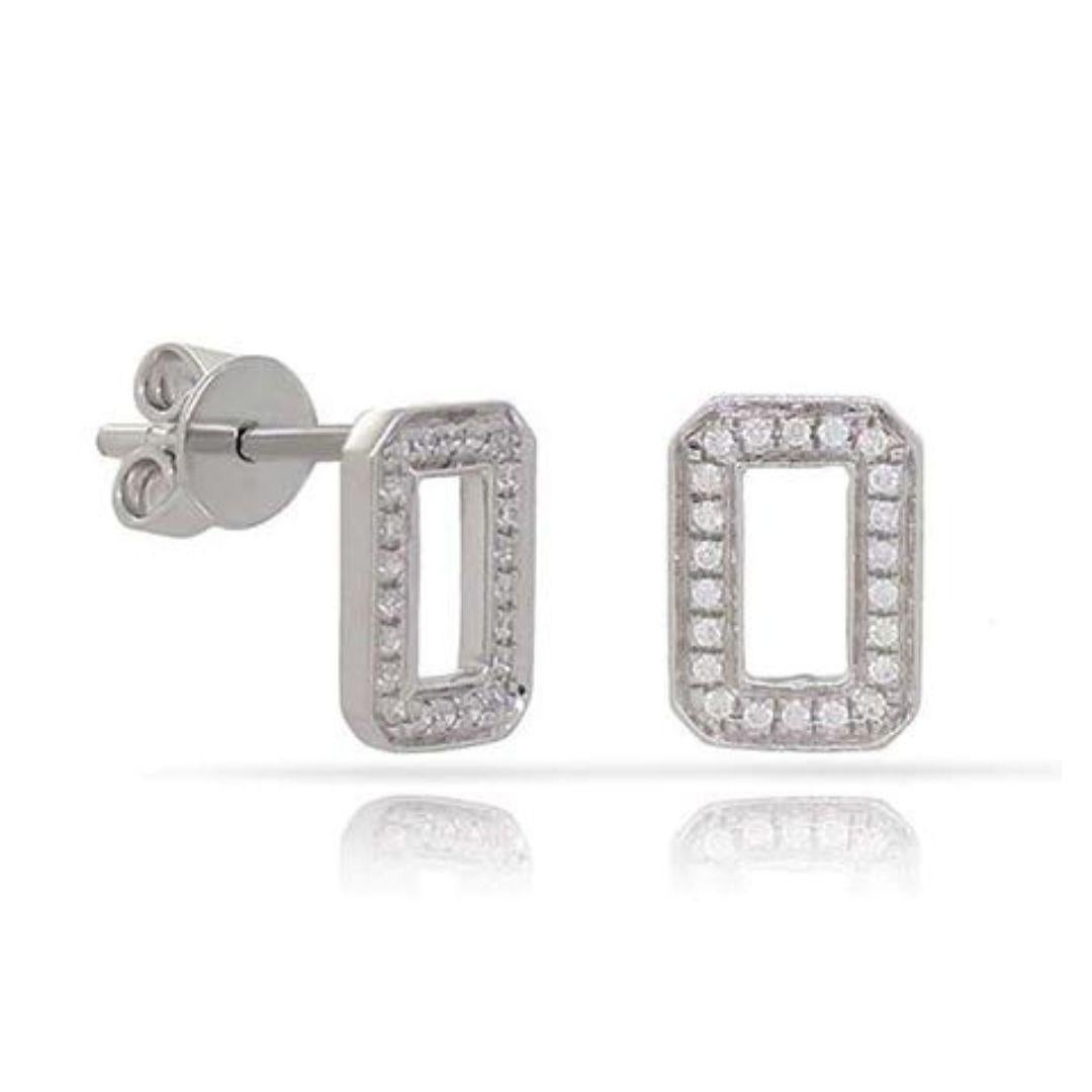 Rectangular diamond stud earrings in 14k white gold. Perfect for casual wear. Earrings contain forty four round white diamonds, H-I color, SI clarity, 0.03 ctw. Earrings feature friction backs.