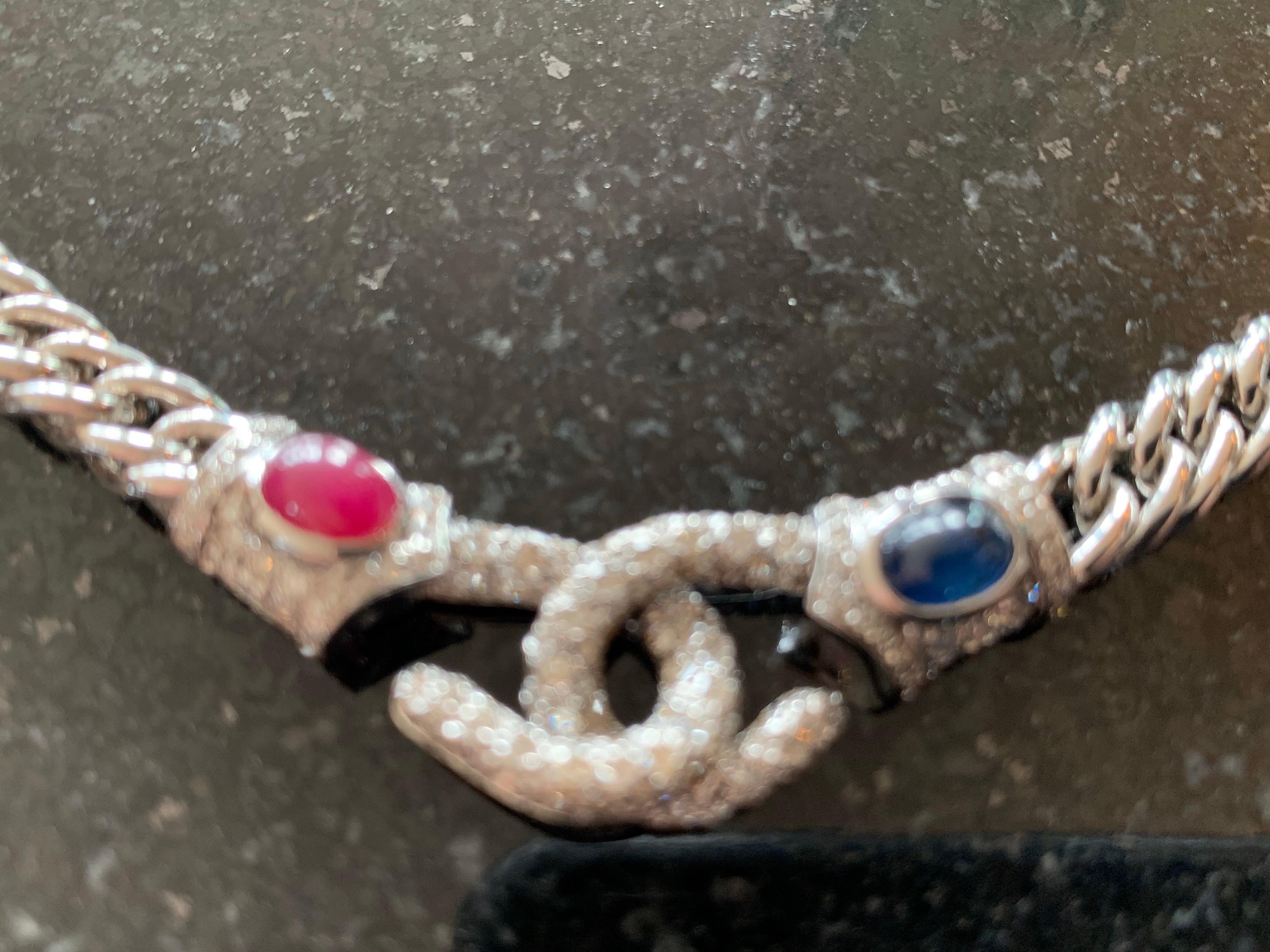 1980`s Vintage 18 Carat White Gold, 5 Carat G-VS1 Diamonds, Sapphire, Ruby Set Of Drop Earrings & Curb Necklace. Made By Chantecler