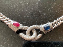 White Gold, Diamonds, Sapphire, Ruby Set of Earrings and Necklace