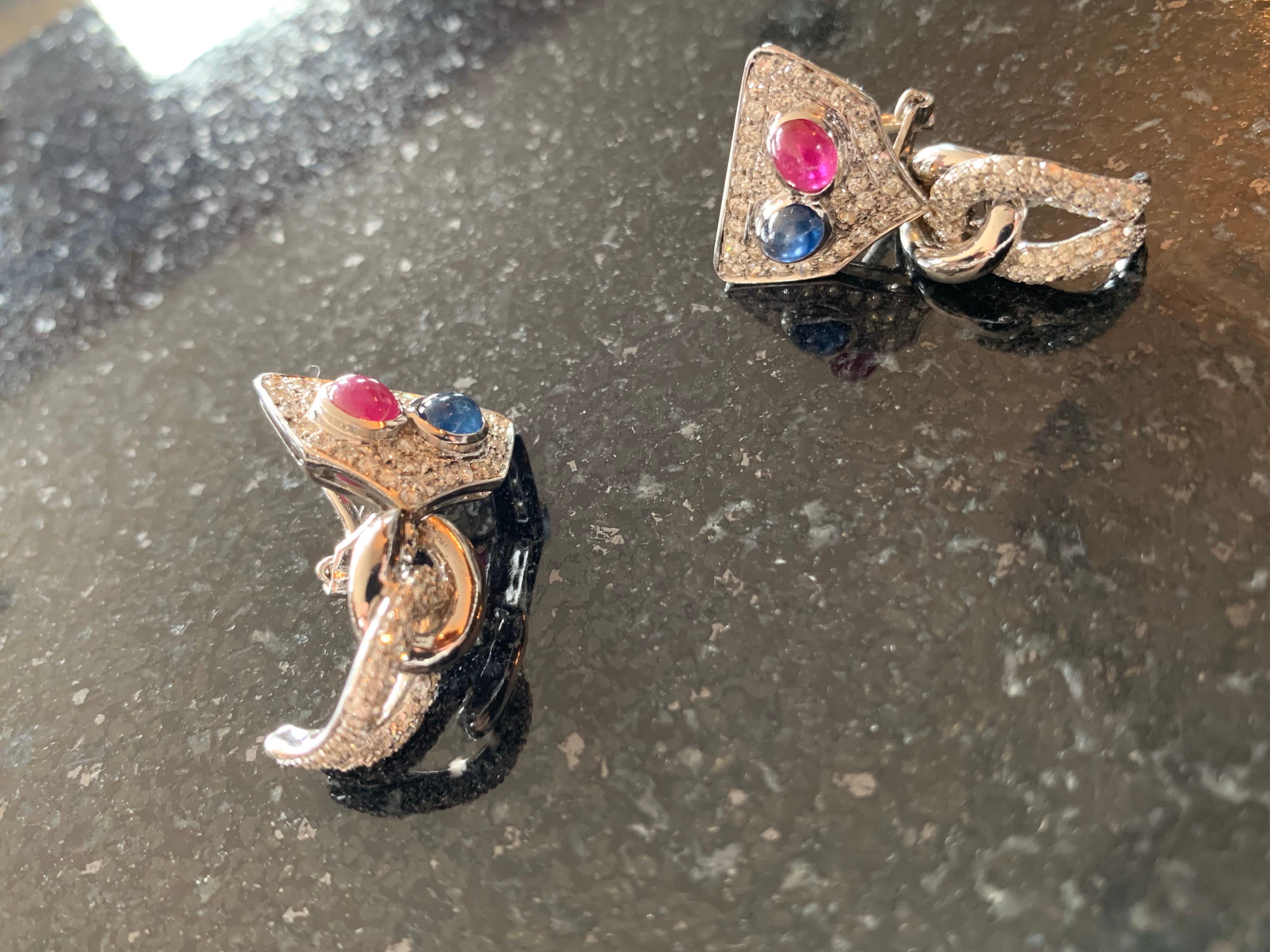 Art Deco White Gold, Diamonds, Sapphire, Ruby Set of Earrings and Necklace For Sale