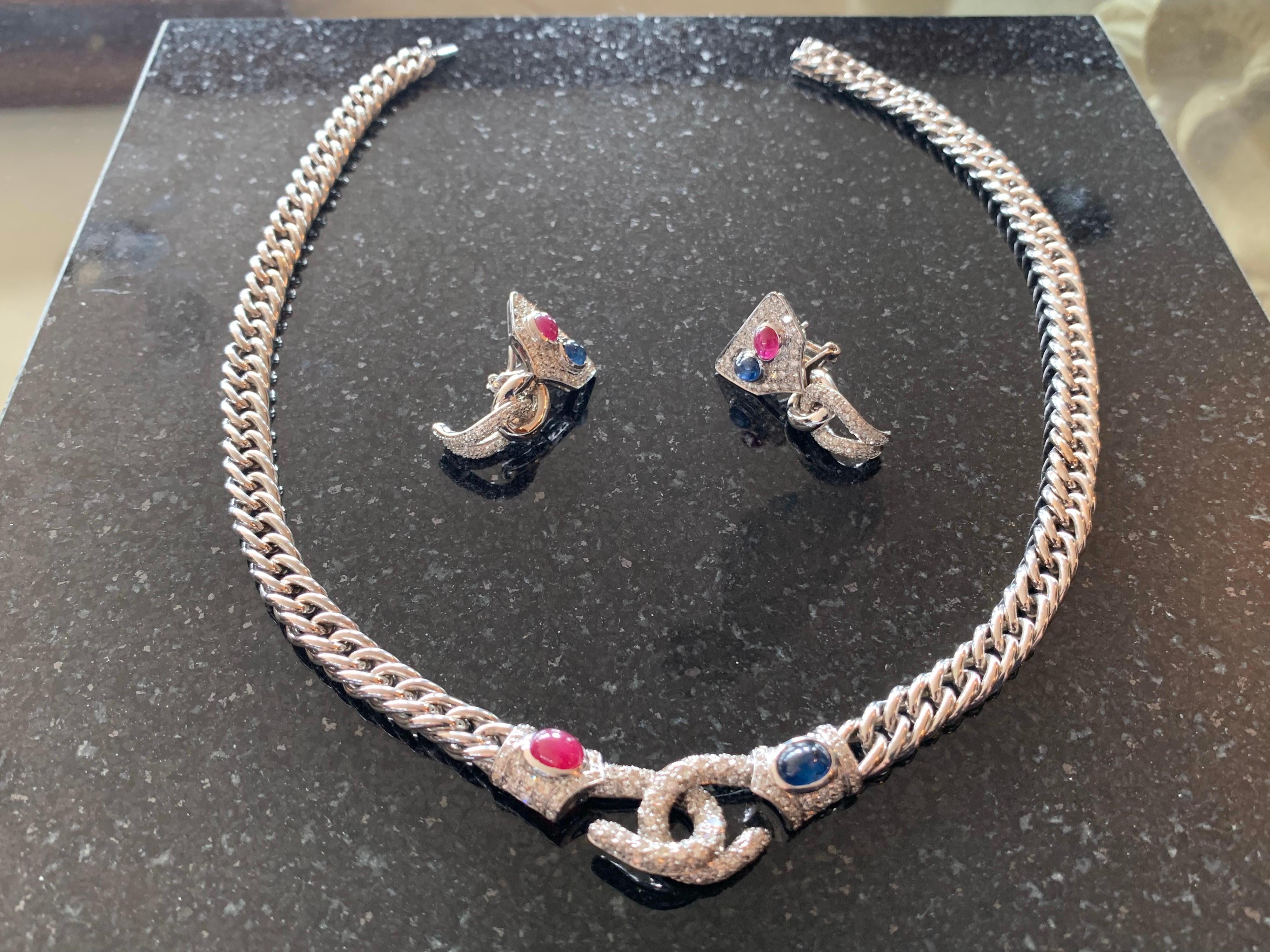 Round Cut White Gold, Diamonds, Sapphire, Ruby Set of Earrings and Necklace For Sale