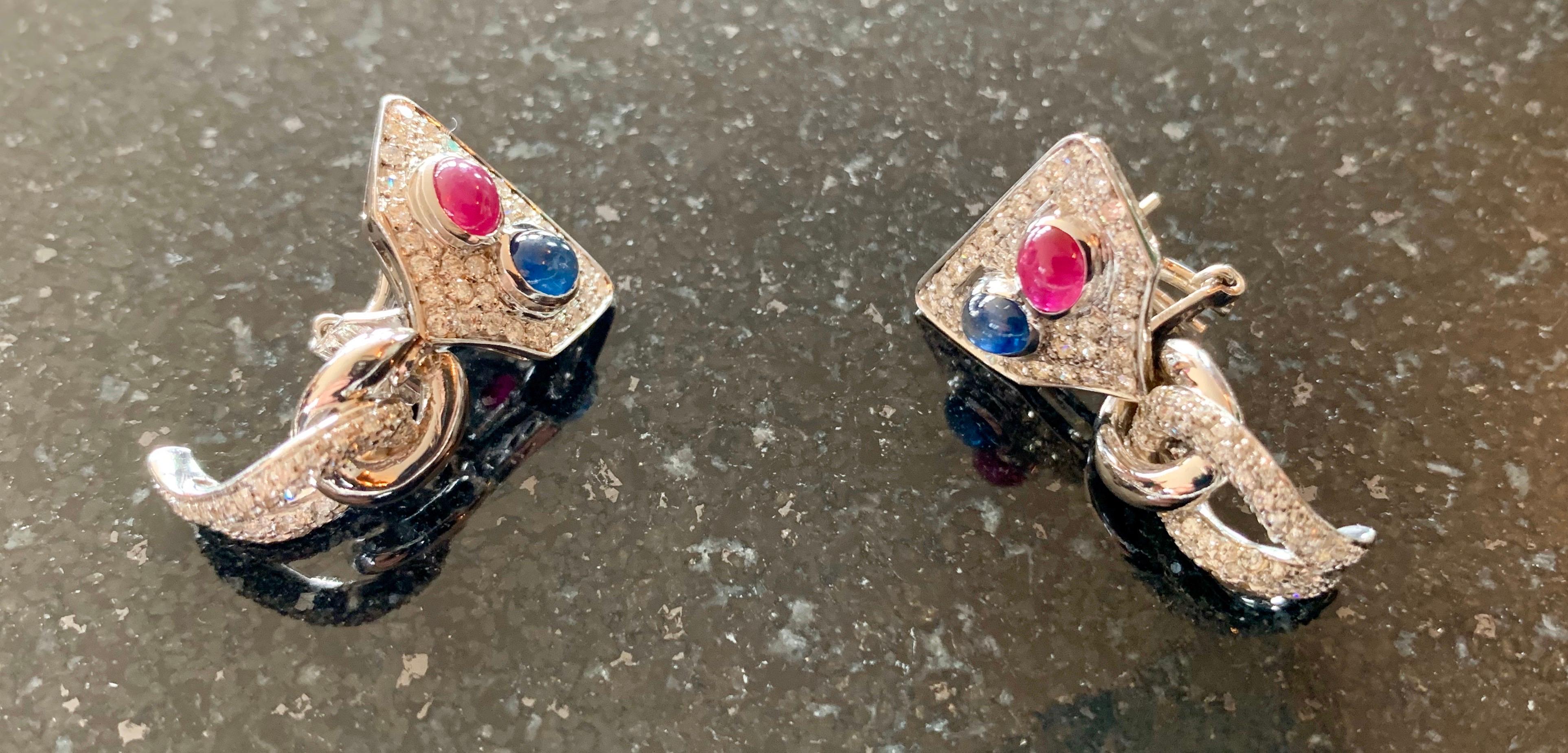 White Gold, Diamonds, Sapphire, Ruby Set of Earrings and Necklace In Excellent Condition For Sale In  London, GB